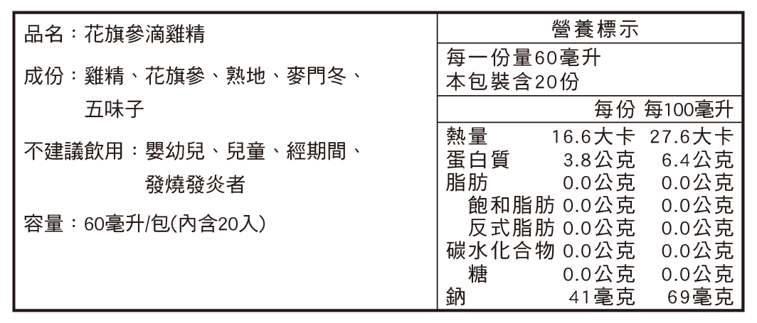 田原香花旗參滴雞精營養標示